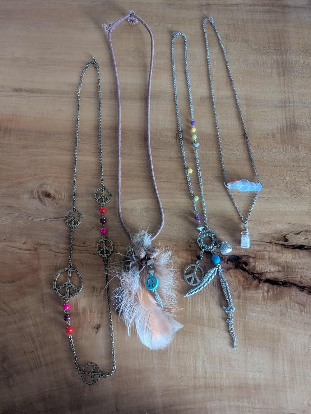 Boho Feather & Peace Sign Necklace Bundle